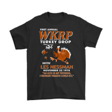 WKRP Turkey Drop with Les Nessman Funny T-shirt Thanksgiving Day Gift picture