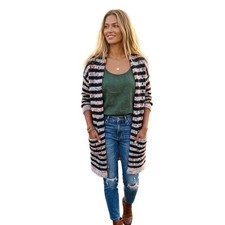 Sundance Women L Open Front Cardigan Sweater Italian Knit Striped Blue Multi picture