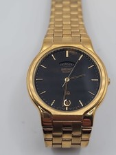 Vtg Seiko SQ Mens Watch 34mm Gold Tone Day Date 5Y23-7159 Black Dial New Battery picture