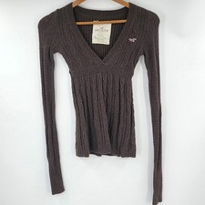 Hollister Y2K Brown Cable Knit V-Neck Empire Waist Sweater XS picture