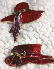 2 Vintatge Red Hat Society Pin & Clip Signed Scarlet OHara Signed T&T Enamel picture
