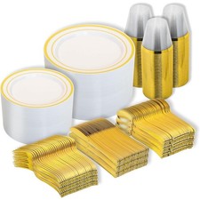 600PCS White and Gold Plastic Plates, Disposable Dinnerware Set | 100 Dinner picture