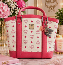 MCM White/Pink Logo Print Zip Top Handle Satchel Bag Charm Silver Hardware picture