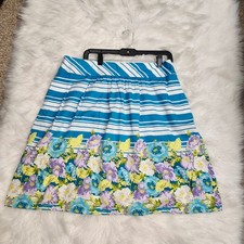 Talbots Petites 14P Blue White Striped Floral Border A-Line Cotton Skirt Pockets picture