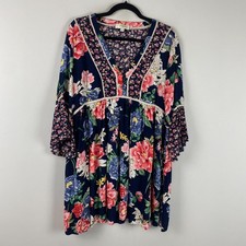 Umgee Tunic 1XL Navy Blue Floral Print Babydoll Boho 3/4 Bell Sleeve V Neck picture