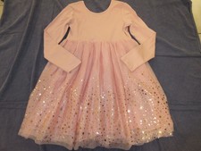 Girls HANNA ANDERSSON Dress Sz 150 or 12 Pink w/ TULLE Skirt GOLD STARS Metallic picture