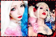 Suicide Squad Harley Quinn Cosplay Curly Hair Costume Wig Pink Blue Gradient 20