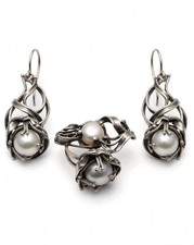 Vintage Israeli 925 Silver Pearl Ring & Earrings Set 25.22g picture