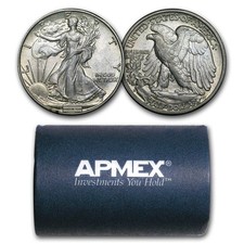 90% Silver Walking Liberty Halves $10 20-Coin Roll AU picture