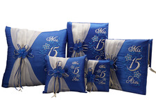 5 pc Royal Blue/Silver Quinceanera Mis Quince Set Pillow Guest Book Album Bible picture