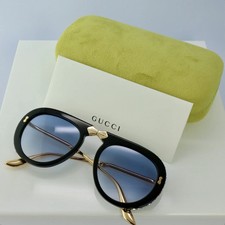 Gucci GG0307S 56mm Foldable Aviator Sunglasses with Blue Lens Gold Arms Crystal picture