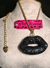 Betsey Johnson Black Rhinestone Lips Necklace picture