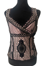 DOLCE CABO Pink Black Beaded Fishnet Embroidered Top Size Medium New with Tags picture