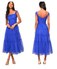 NWT LULUS Moment of Perfection Blue Mesh Swiss Dot Tiered Midi Dress Size XL picture