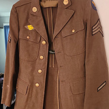 WWII US Army Dress Uniform Brown Wool Jacket Tunic w/ Collar Disks, Patches picture