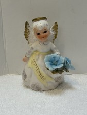 VTG Lefton September Birthday Angel Figurine #3332 Spaghetti Trim Blue Flowers picture
