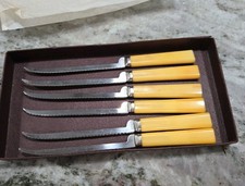 Vintage Royal Buckingham Steak Knife Set of 6 Marbled Butterscotch UK Boxed MCM picture