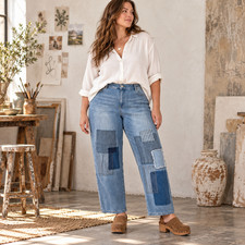 LOGO Lavish Boyfriend Patchwork Jeans Plus Size 18WP Boho Artsy Upcycled Look picture