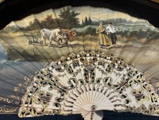 Antique European Handpainted Folding Fan, Lovely Pastoral Scene picture