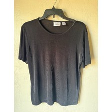 Chico's Travelers Womens Size 1 Medium Black Ribbed Short Sleeve Top Made in USA picture