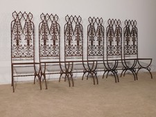 ANTIQUE Circa 1910s-20s Set of 6 Highback GOTHIC Hand Wrought Iron Patio Chairs picture