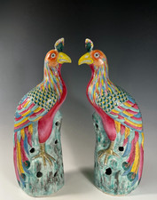 Fine Pair China Chinese Famille Rose Porcelain Peacoks ca. 19th century picture