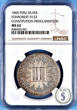 1860 Peru Silver Medal FONROBERT-9123 CONSTITUTION PROCLAMATION NGC MS 62 - Rare picture