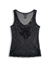 DKNY Donna Karan Black Sequin Camisole Top Size 6 Mesh Slits Evening picture