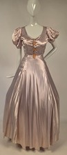 LATE 1930’S SLIPPER SATIN DRESS W PUFF SLEEVES + RHINESTONE GROMMETS W LACING picture
