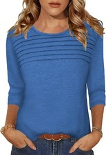 Pleated 3/4 Sleeve Womens Blouse Crew Neck Lightweight Casual Top S-XXL Summer picture
