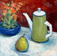 Silvia Trujillo Art original impasto oil still life retro coffee tea pot w/ pear picture