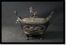 Vintage Chinese Copper Dragon Tripod Incense Burner Censer Lion Antique Decor picture