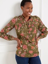 Talbots Womens Floral Pintuck Top Size Petite Large Green Pink Bloomcore Career picture