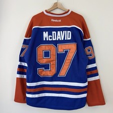 Reebok Edmonton Oilers Connor McDavid #97 NHL Home Blue Orange Jersey Size 50 picture