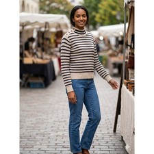 Mos Mosh Lin Stripe Knit Wool Blend Mock Neck Sweater Navy Ecru Large picture