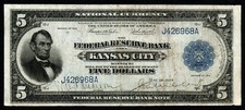 $5 SCARCER 1915 Series KANSAS CITY LARGE Size VF+ Federal Reserve Note picture