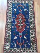 Vintage Handmade Turkish Anatolian Rug Blue Pink Bird Motif Kilim Area Rug picture