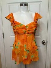 Escada Orange Green Floral Sheer Flutter Top W/ Ruffles, Size 6 | 38 FR picture