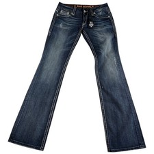 Rock Revival Jody Bootcut Jeans Womens 31 Blue Whiskering Denim Distressed Logo picture