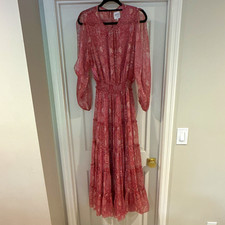 MISA Los Angeles Pink Floral Chiffon Smocked Waist Balloon Sleeve Midi Dress L picture
