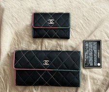 100% Authentic Chanel Large Lambskin Quilted Multicolor Trim Wallet Bag Purse picture