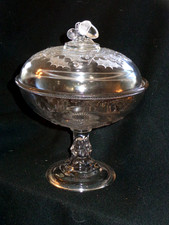 Antique Boston & Sandwich EAPG Pattern Glass Christmas Holly Lg Covered Compote picture