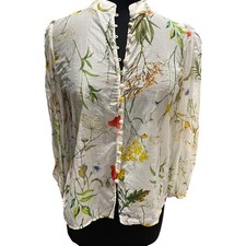 Bailey 44 Wildflower Botanical Print Button Blouse White Small Smocked Cuff picture