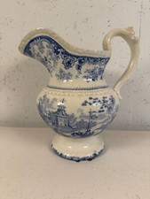 1840s Era Staffordshire Blue White Transferware Pitcher Jug Pagoda Chinoiserie picture
