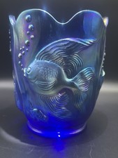 Fenton PERIWINKLE IRIDESCENT ATLANTIS KOI FISH VASE SIGNED by GEORGE FENTON 1997 picture
