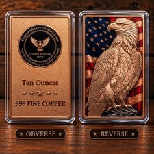 10 oz .999 Fine Copper Bar – Bald Eagle – UV Colorized – Copper Reserve Mint 🦅 picture
