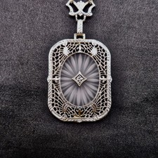 Vintage 14K White Gold Art Deco Camphor Glass Diamond Filigree Necklace 17