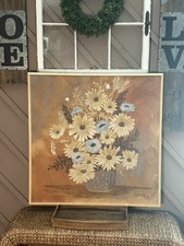 Vintage Clifton Floral Vase Painting Signed Large 37” Mid Century Badcock Decor picture
