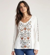 Sundance White Embroidered Floral V-Neck Boho Top Sz S Bell Sleeve Pleated Cuff picture