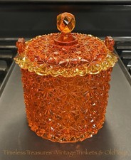 RARE MCM Diamond Starburst Pressed Glass Ambrosia Orange Yellow Lidded Candy Jar picture